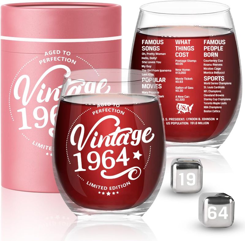 Photo 1 of 1964 Old Time Information 60th Birthday Gifts for Women Men - 1964 Vintage 15 oz Stemless Wine Glass - 60 Year Old Birthday Party Decorations - Sixty Class Reunion Ideas
