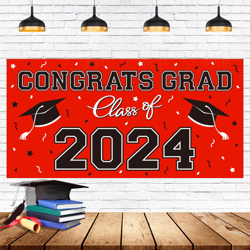 Photo 1 of 2 PACK - 2024 Graduation Party Plastic Backdrop - 65" x 32.7" Congrats Grad Banner in Red, Large Class of 2024 Decorations, Photography & Grad Party Supplies