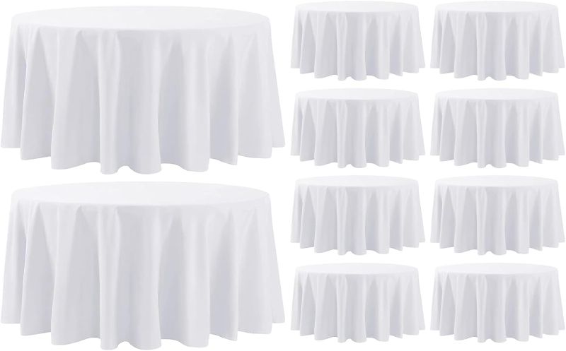 Photo 1 of 10 Pack White Round Tablecloth 120 Inch Tablecloths Stain Resistant Decorative Washable Polyester Table Cloth for Dining Table Banquets Buffet Parties and Wedding, Fits Square or Round Table
