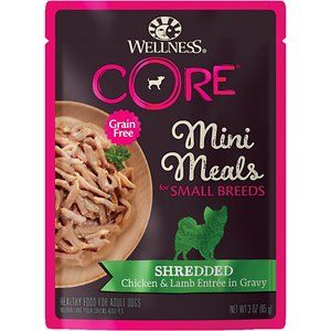 Photo 1 of Wellness CORE Natural Grain Free Small Breed Mini Meals Shredded Chicken & Lamb Entree in Gravy Wet Dog Food, 3 Oz., Case of 12, 12 X 3 OZ