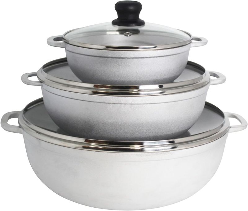 Photo 1 of  Natural Traditional Caldero 3-Piece Set made in Colombia with Glass Lid & Steam Vent (1.4/3.4/6.6) Quart, Silver (Dutch Oven Set)