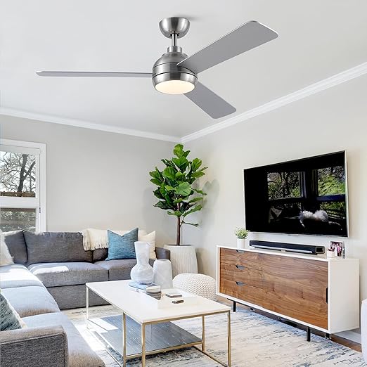 Photo 1 of  52 Inch Ceiling Fans with Lights, Brushed Nickel Ceiling Fan with Light and Remote Control, Dimmable 6 Speeds DC Reversible Quiet Modern Ceiling Fan for Bedroom, Living Room, Patio 