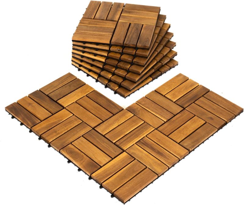 Photo 1 of \Pack of 10 Deck Tiles - 12"x12" Interlocking Natural Solid Acacia Wood for Outdoor & Indoor, Patio Garden, Balcony, Poolside - Natural Color
