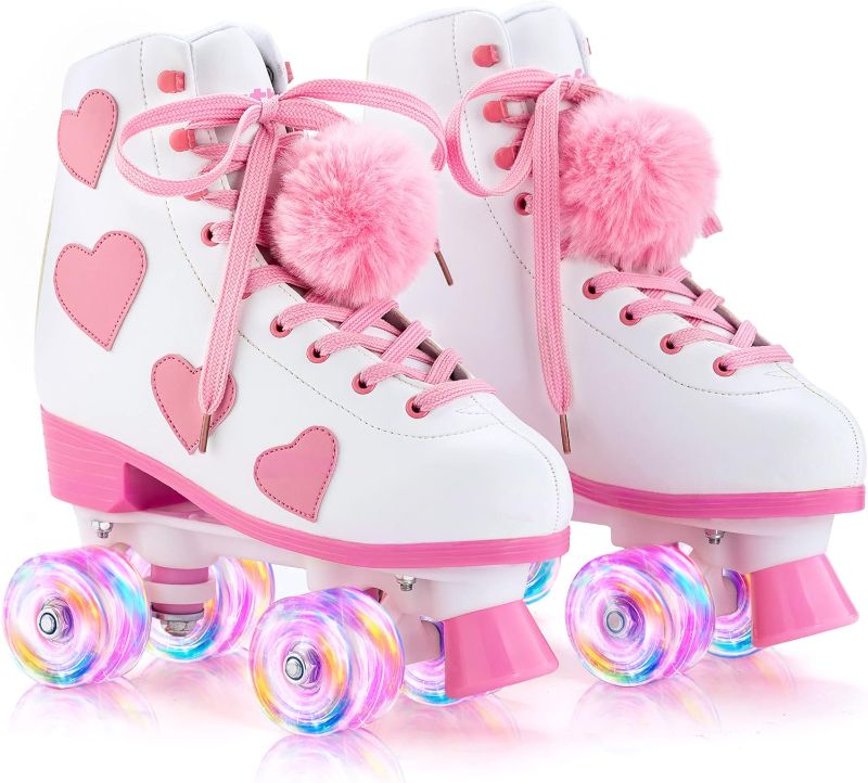Photo 1 of Women's and Girl's Classic Roller skates with Light up Wheels and Love Heart Pattern, High-top PU Leather Rollerskates
