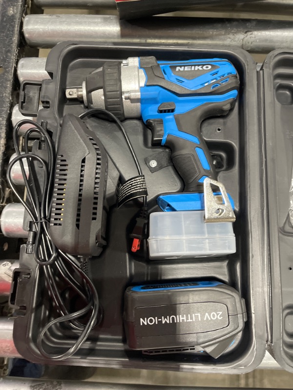 Photo 1 of Neiko 10878A 1/2-Inch-Drive High-Torque Cordless Electric Impact-Wrench Kit with 20-Volt Lithium-Ion Charging Battery and 4 1/2-Inch-Drive Sockets 1/2" Impact Wrench