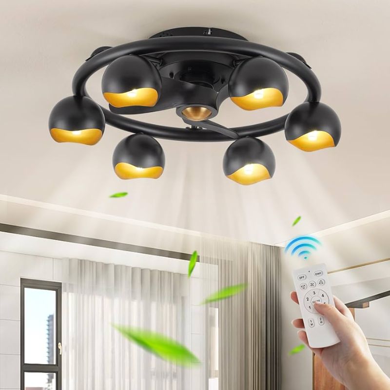 Photo 1 of HLMRCHEN Caged Ceiling Fans with Lights and Remote Black Low Profile Modern Flush Mount Fandelier Ceiling Fan 