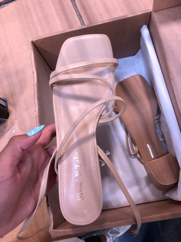 Photo 3 of ***USED**Shoe'N Tale Strappy Heels for Women Low Chunky Block Heel Dress Shoes Square Open Toe Ankle Strap Heeled Sandals 7.5 Natural Nude