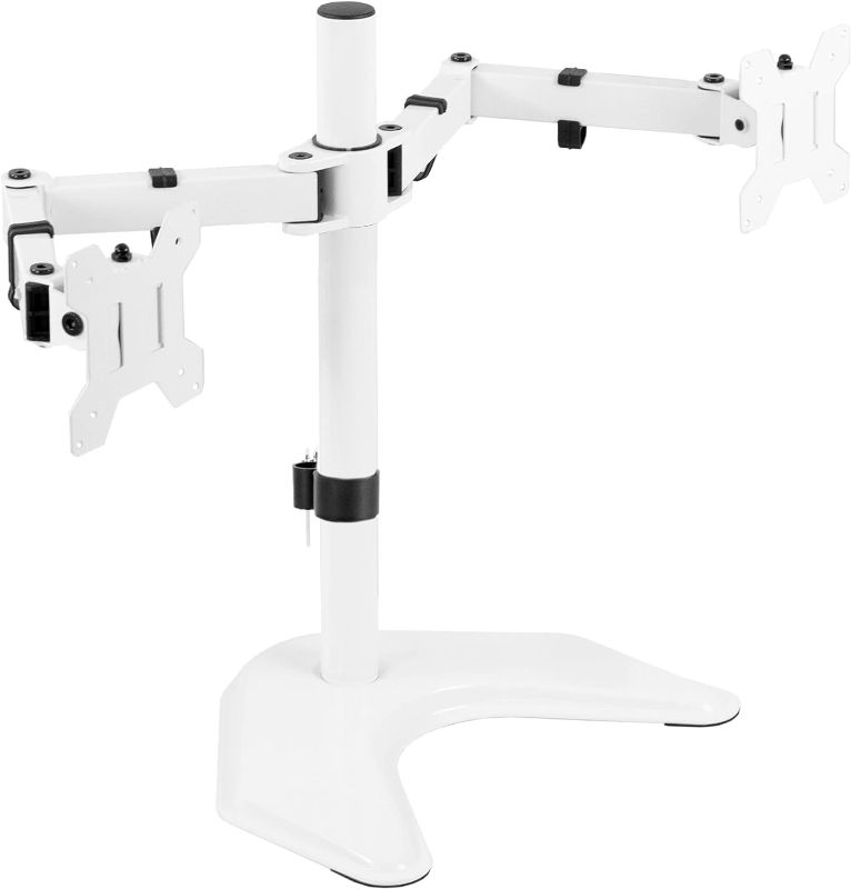 Photo 1 of ***MISSING PARTS***VIVO Dual LED LCD Monitor Mount, Free-Standing Desk Stand for 2 Screens up to 27 Inch, Fully Adjustable Arms with Max VESA 100x100mm, Extra Large Base, White, STAND-V002FW
