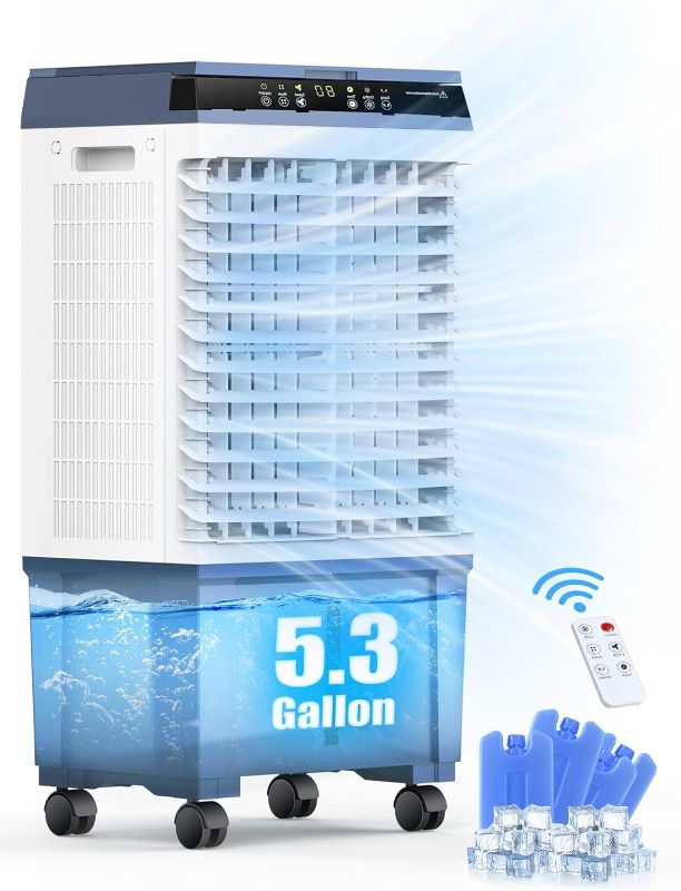 Photo 1 of Air Choice Swamp Cooler, 3-in-1 Evaporative Air Cooler 1800CFM with 12H Timer, 110° Oscillation, Remote Control, 5.3 Gal Water Tank, 3 Speeds & 4 Ice Packs, Portable Cooling Fan for Outdoor Indoor Use
