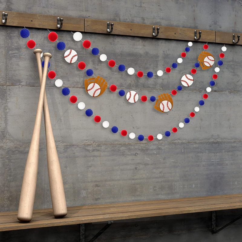 Photo 1 of ****USED*** Tatuo 3 Pieces Baseball Pompom Garland Baseball Sports Theme Banner Blue Red White Felt Ball Baseball Glove Hanging Garland for Sports Birthday Baseball Party Decor 8.2 Feet