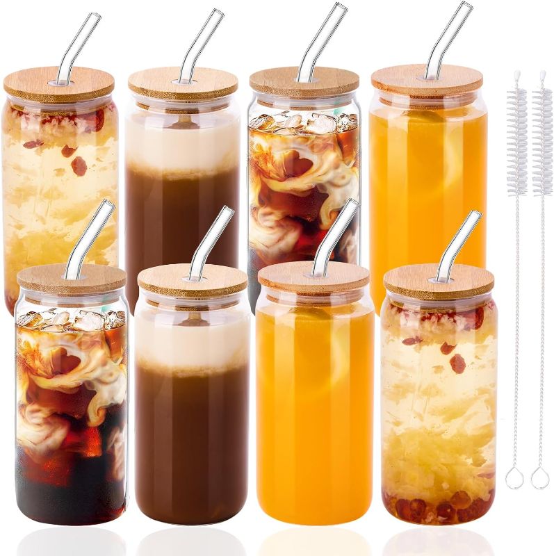 Photo 1 of [ 8-Piece Set ] Bamboo Lid Glass Drinking Glasses with Glass Straw - 16-ounce Can Shaped Glassware for Beer, Iced Coffee, Cocktails, Whiskey, and More, Perfect for Cocktails, Whiskey, and Gifting