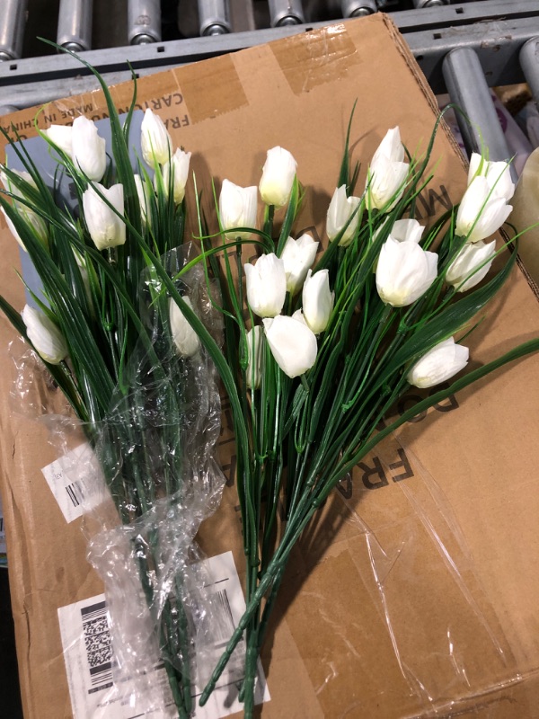 Photo 1 of 6 Bundles Tulips Artificial Flowers,30 Heads Outdoor Artificial Tulip Faux Plastic Greenery Shrubs Plants UV Resistant for Easter Home Outside Garden Porch Window Decor (White)