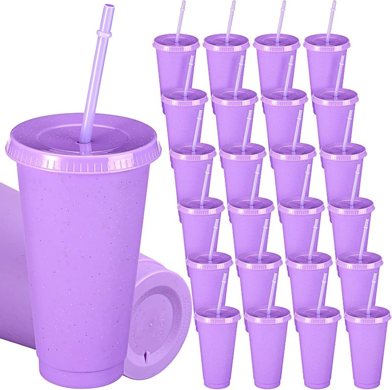 Photo 1 of 24 Pack Plastic Tumblers with Lid and Straw Reusable Cups Bulk Water Bottles Iced Coffee Travel Mug Cup for Birthdays Party Juices Adults Kids (Purple,24 oz)
