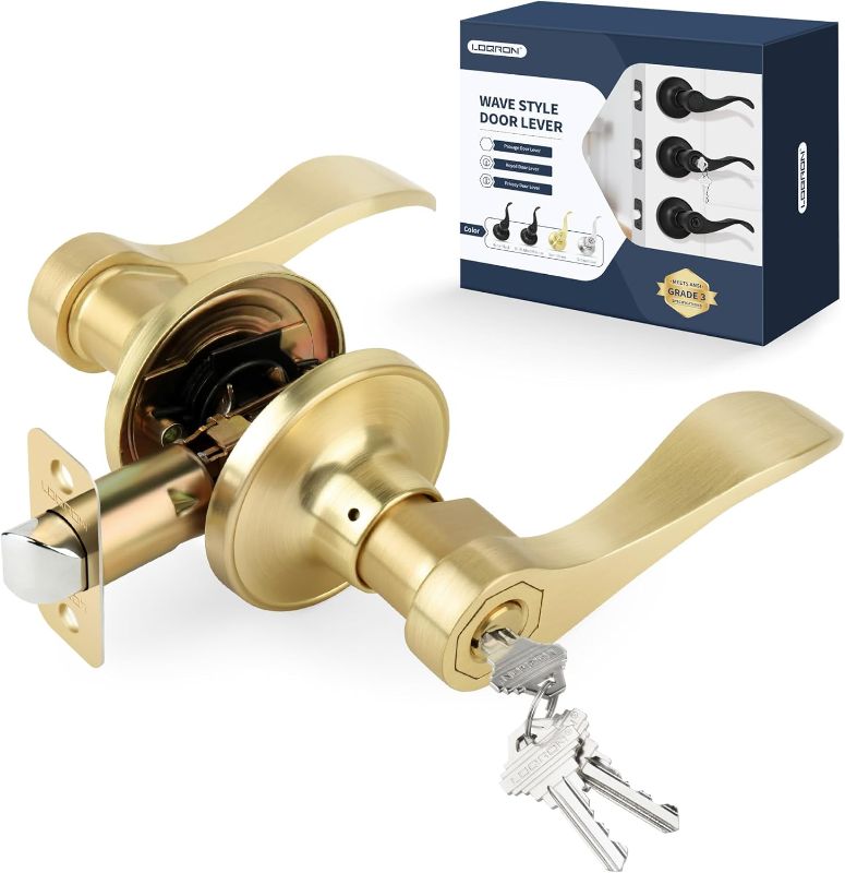 Photo 1 of ****USED***3 SET OF KEYS INCLUDED*** 
Wave Style Door Lever, Brushed Gold Keyed Entry Door Handle with Lock, Gold Entrance Lever Reversible for Left/Right Handed for Office or Front Door with Satin Brass Finish, 1 Pack
