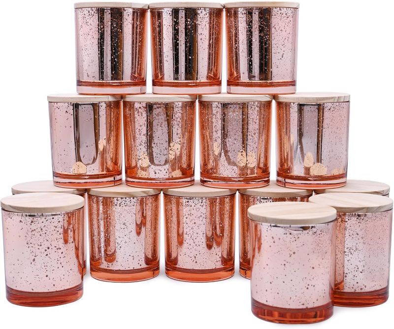 Photo 1 of ***two pieces are missing*** SHOWIN 10 OZ Thick Candle Jars for Making Candles 13 Pcs, Empty Jars with Wood Lids for Candle Making, Sample Container - Dishwasher Safe, Rose Gold
