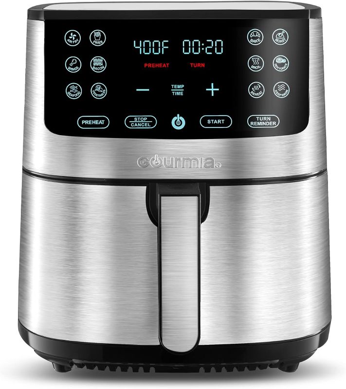 Photo 1 of Gourmia Air Fryer Oven Digital Display 8 Quart Large AirFryer Cooker 12 Touch Cooking Presets, XL Air Fryer Basket 1700w Power Multifunction GAF838 Black and stainless steel air fryer
