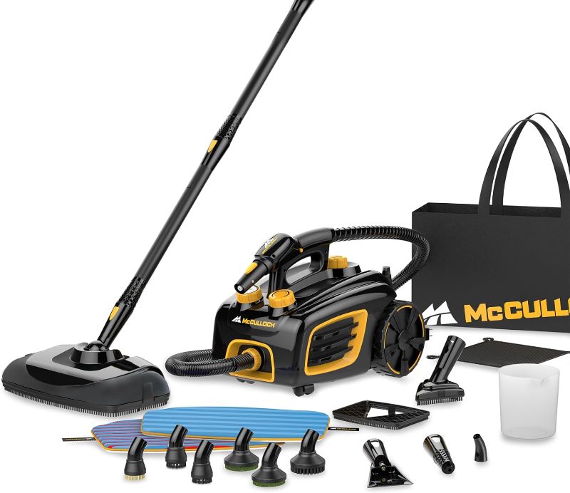 Photo 1 of ****USED** McCulloch MC1375 Canister Steam Cleaner with 20 Accessories, Extra-Long Power Cord, Chemical-Free Cleaning for Most Floors, Counters, Appliances, Windows, Autos, and More, 1-(Pack), Black
