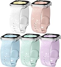 Photo 1 of 5 Pack Flower Engraved Silicone Band Compatible with Apple Watch Band 42mm 44mm 45mm 47mm, Elegant Peony Fancy Designer Sport Women Band Replacement for iWatch Series 8 7 6 5 4 3 2 1 SE