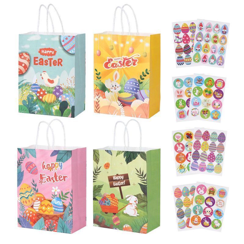 Photo 1 of 3 PACK OF Easter Gift Bags with Stickers, 16 Pieces Paper Bags with Handles & 8 Sheets Easter Stickers for Kids, Bunny Eggs Cookie Candy Treat Goodies Bags for Wrapping