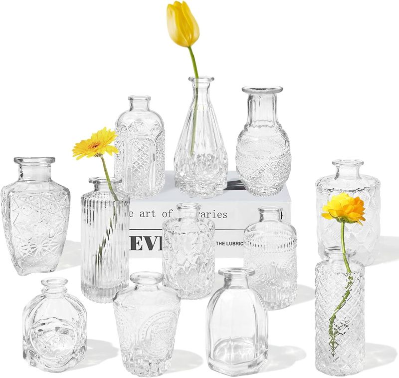 Photo 1 of 12 Glass  Vases Set,Clear Bud Vases in Bulk,Small Vases for Centerpieces,Mini Vintage Vase for Flowers,Rustic Wedding,Home Table Decorations