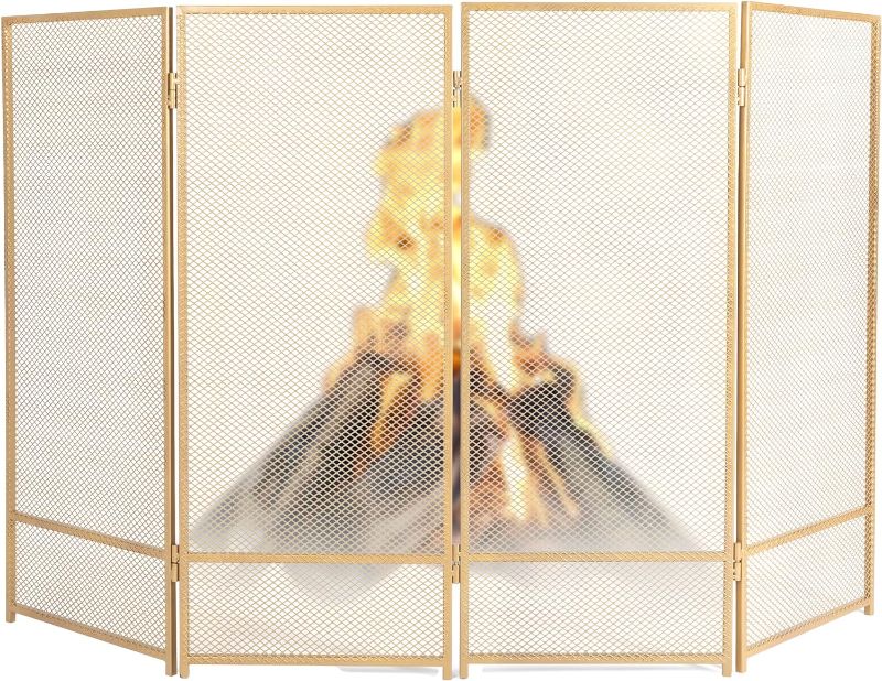 Photo 1 of -Panel Metal Fireplace Screen for Wood Burning Fireplaces & Gas - Gold - 48 x 29 Inch - Durable Steel Mesh Spark Guard, Easy Fold Panels for Storage, Decorative Fireplace Decor For Living Room