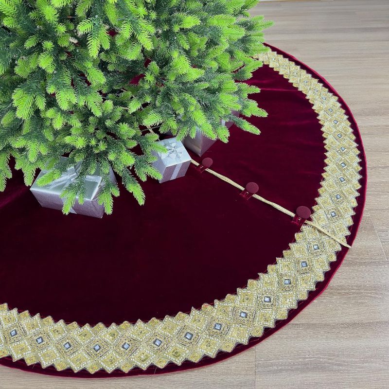 Photo 1 of 60-Inch Venetian Gilded Christmas Tree Skirt with Jeweled Gold Band and Button Loops, Black 60-Inch Burgundy