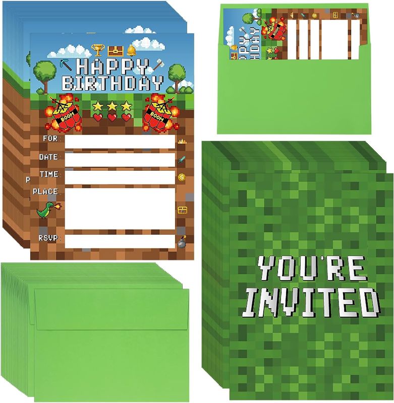 Photo 1 of 25 Pieces Pixel Video Birthday Party Supplies Game Themed Party Invitations Invite Card with Green Envelopes for Boy Kids Pixel Gamer Party Decorations Supplies