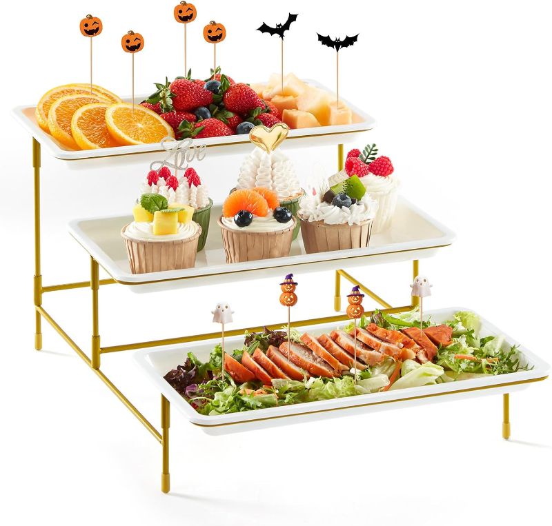 Photo 1 of ****USED** Lifewit 3 Tier Plastic Serving Tray for Party Supplies, 12" x 6.5" Platters for Serving Food, White Reusable Trays with Gold Metal Display Stand for Veggie, Fruit, Cookies, Dessert