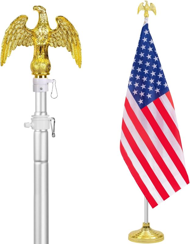 Photo 1 of 2 PACK Indoor Flag Pole Kit, Heavy Duty Telescoping Indoor Flagpole with Base, Golden Eagle Topper, American Flag, Aluminum Telescopic Indoor Flag Poles and Stand Great for Office School City Hall
