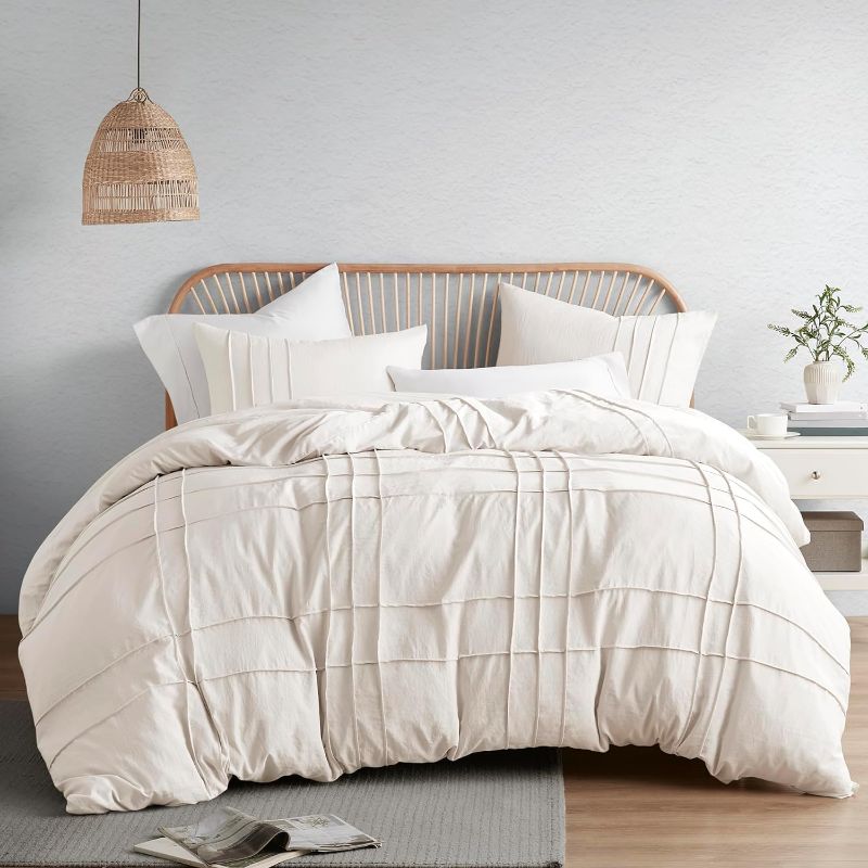 Photo 1 of Comfort Spaces Cream King Size Duvet Cover Set - 3 Pieces Pintuck Pleated Duvet Cover King, All Season Lightweight, Extra Softness Pre-Washed Microfiber King Bedding Cover Shams, King/Cal King