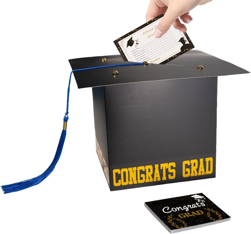 Photo 1 of ***3 PACK *** 2024 Graduation Card Box Decorations and 50Pcs Graduation Advice Cards Congrats Grad Cap Box Holder for Graduation Party Supplies (Black Box Blue Tassel with Cards)
