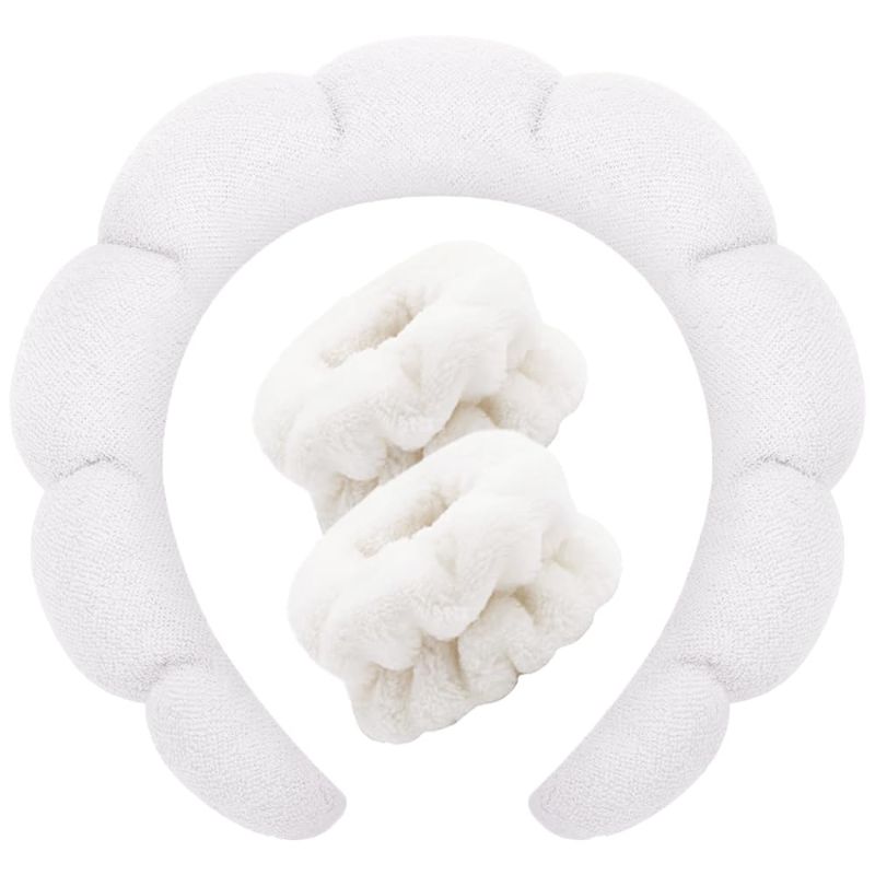 Photo 1 of ***2 PACK*** Spa Headbands for Washing Face Wristband Set Sponge Makeup Skincare Headband Wrist Towels Bubble Soft Terry Towel Cloth Hairband for Women Puffy Headwear Non Slip Thick Thin Hair Headwear (White)
