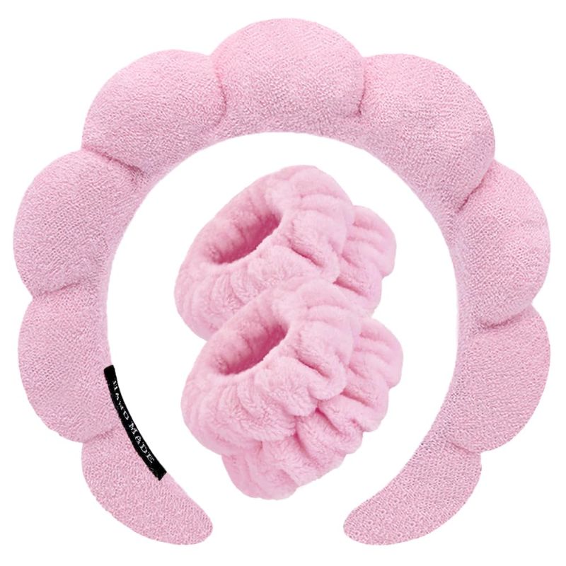 Photo 1 of ***2 PACK*** Spa Headbands for Washing Face Wristband Set Sponge Makeup Skincare Headband Wrist Towels Bubble Soft Terry Towel Cloth Hairband for Women Puffy Headwear Non Slip Thick Thin Hair Headwear (pINK)
