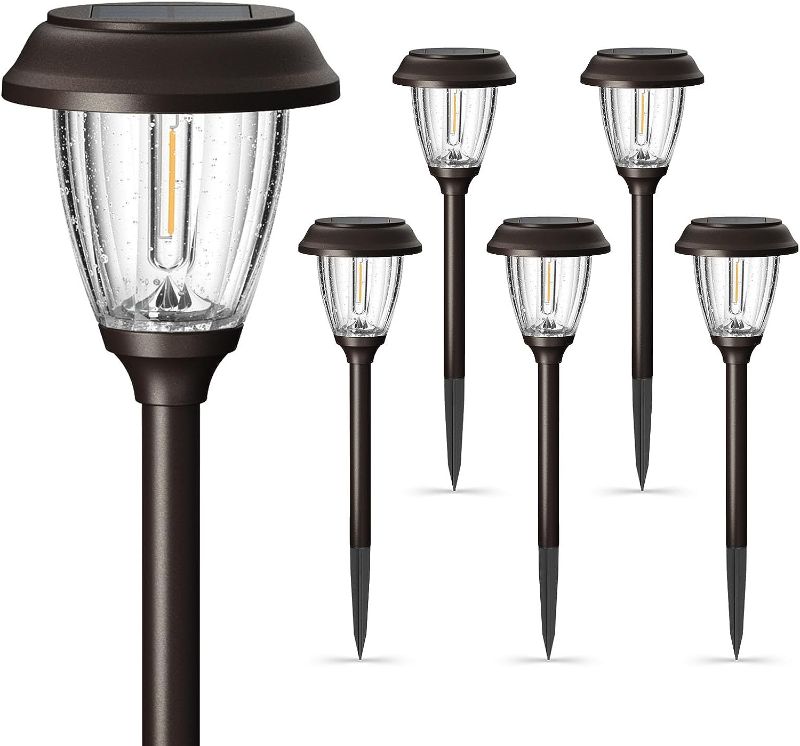 Photo 1 of ***one broken light**XMCOSY+ Solar Outdoor Pathway Lights - 6 Pack Solar Garden Lights Outdoor Waterproof, Auto On/Off 10/25 Lumen Solar LED Outdoor Lights Warm White, Solar Lights for Yard Path Lawn Walkway Driveway
