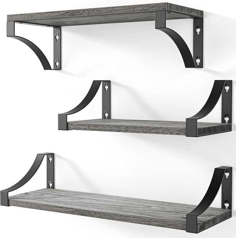 Photo 1 of AMADA HOMEFURNISHING Wall Shelves Set of 3, Floating Shelves Hold up to 55lbs, Rustic Wood Wall Shelves for Bedroom, Bathroom, Living Room, Kitchen, Storage & Decoration, Gray
