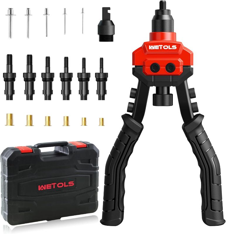 Photo 1 of WETOLS 3 in 1 Rivet Nut Tool, Rivet Gun, Reamer Set, Professional Rivet Gun Kit with 5 Rivet Heads and 6 Metric & SAE Mandrels, Hand Riveter Tool with 50 Rivets and 60 Rivet Nuts, Sturdy Case, WE-890
