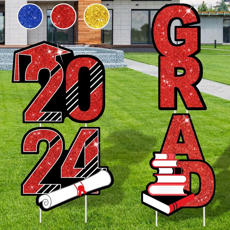 Photo 2 of Graduation Decorations Class Of 2024, Graduation Yard Sign, ''2024 Grad'' Yard Signs Including 4 Pieces Glittering Graduation Yard Signs With Stakes For Outdoor High School College Graduation Party Decoration Supplies (Red)