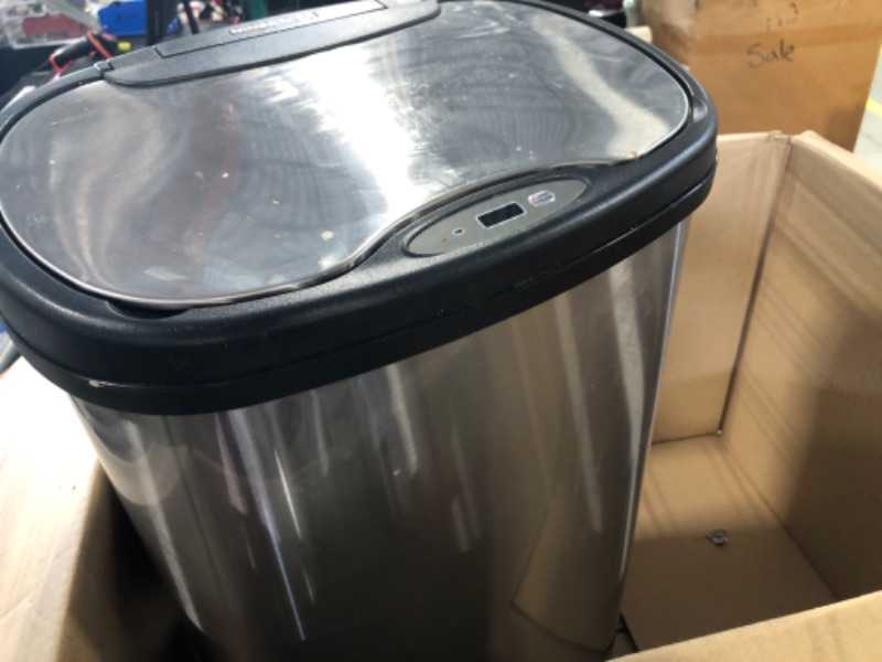 Photo 3 of ****LARGE TRASH CAN ONLY, Dirty**** NINESTARS CB-DZT-50-13/12-9 Automatic Touchless Infrared Motion Sensor Trash Can Combo Set, 13 Gal 50L & 3 Gal 12L, Stainless Steel Base (Oval, Silver/Black Lid) 13 Gal & 3 Gal Combo Trash Can
