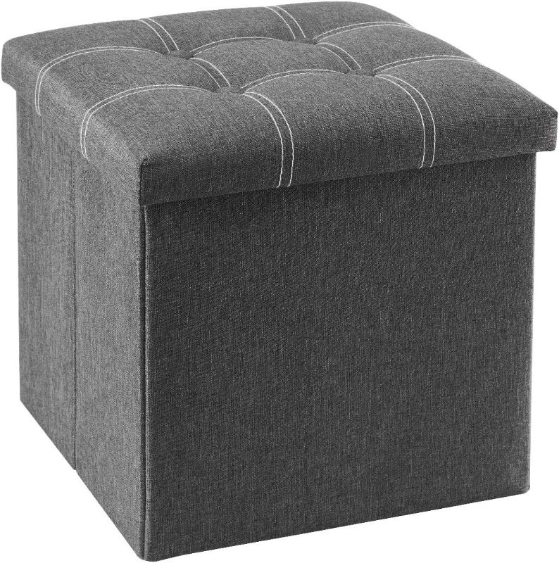 Photo 1 of 15 inches Storage Ottoman Cube, Foldable Storage Boxes Footrest Step Stool, Padded Seat for Dorm Living Room, Support 300lbs, Line Fabric Grey
