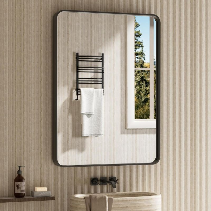 Photo 1 of  Bathroom Mirror Wall Mounted Vanity Mirror with Rounded Corner Metal Framed, Tempered Glass, Anti-Rust(Horizontal/Vertical), 22 x 30 Inch