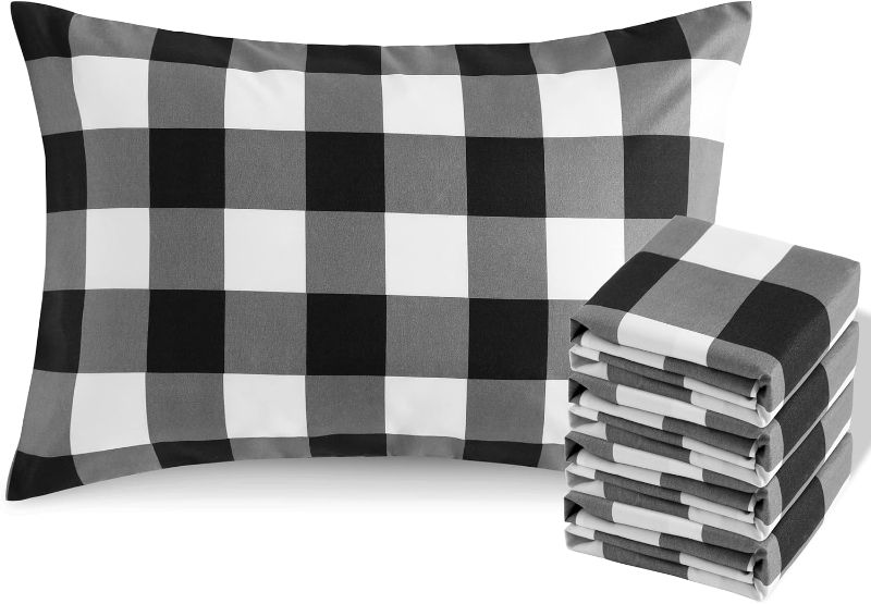 Photo 1 of  Queen Buffalo Pillowcases Set of 4, 1800 Thread Brushed Microfiber Black and White Buffalo Pillow Cases, Super Soft and Cozy Envelope Closure 20x30 Pillowcases, 20x30 Inches