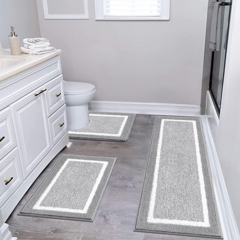 Photo 1 of  Bathroom Rug Set 3 Piece, Non-Slip Absorbent Bath Mats, Microfiber Soft, Absorbent Plush Shaggy Carpets includes U-Shaped Toilet Mat for Bath Floor, Shower, Light Grey