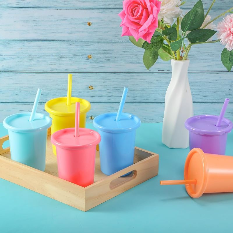 Photo 1 of  12 Pcs Kids Cups with Lids and Straws Reusable Tumbler Cups with Self Stickers Plastic Water Bottle Iced Coffee Travel Mug Cup Adults Plastic for Party (Macaron Colors)