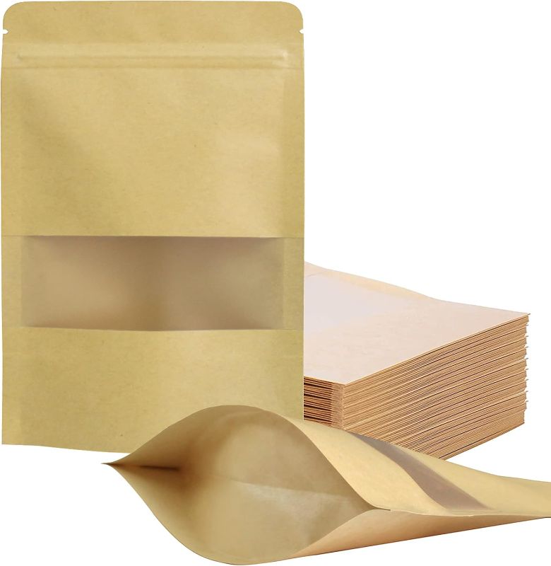 Photo 1 of 100 Pcs Resealable bags,4.7" x 7.9" Stand Up Kraft Paper Bags with Matte Window, Zip Lock Food Storage Bags for Packaging Products, Reusable, Sealable