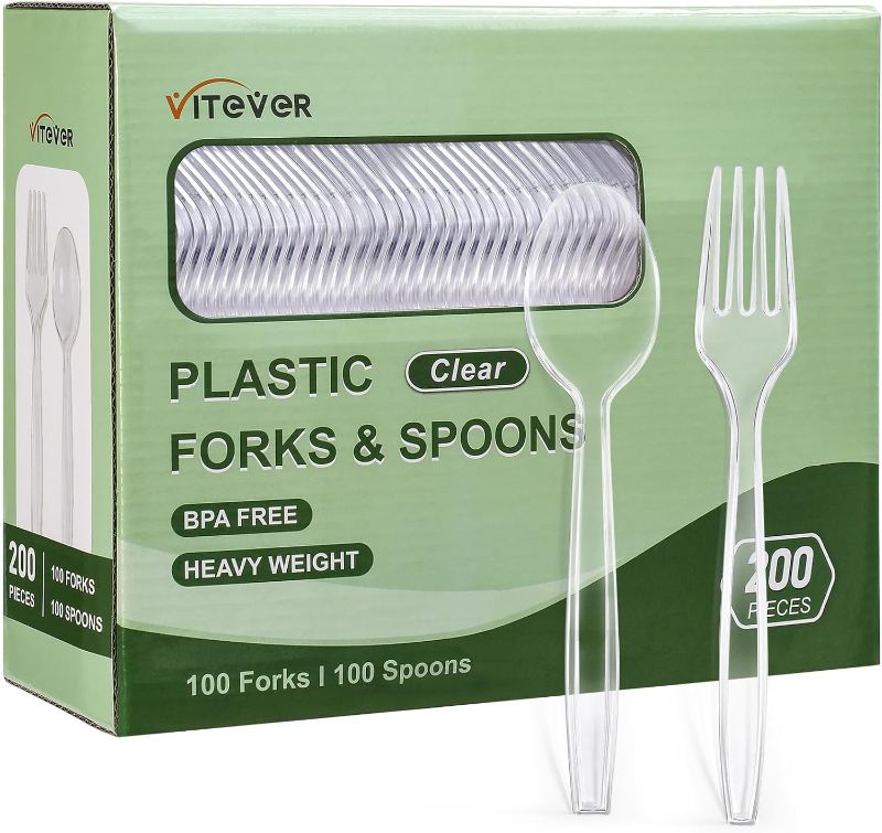 Photo 1 of [200 Count] Disposable Plastic Silverware, Heavy Duty Plastic Forks and Spoons Set, Includes 100 Plastic Forks and 100 Plastic Spoons for Party - Clear