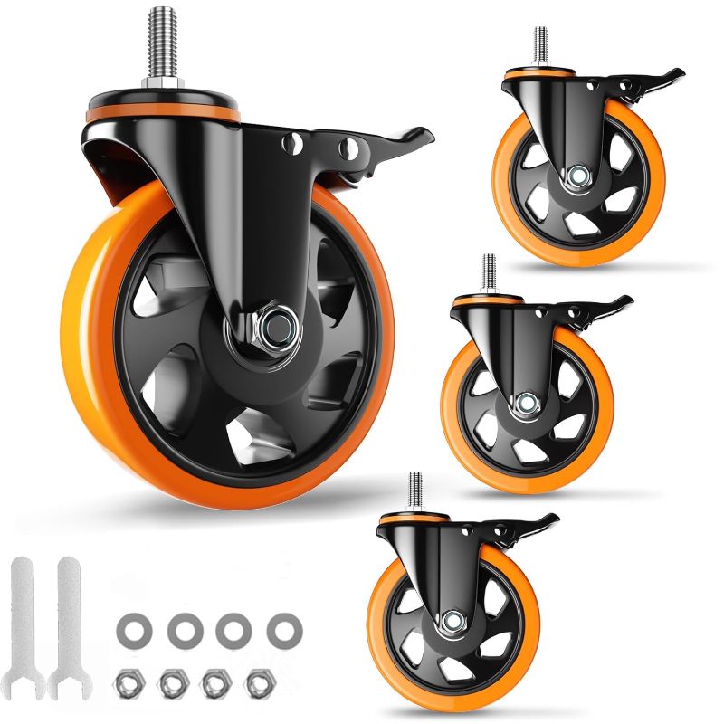 Photo 1 of 5 Inch Caster Wheels, Threaded Stem Casters Set of 4 Heavy Duty, Cart Wheels 1/2"-13 x 1" (Screw Diameter 1/2", Stem Length 1"), Safety Dual Locking Industrial Casters, Wheels for Cart, Furniture
