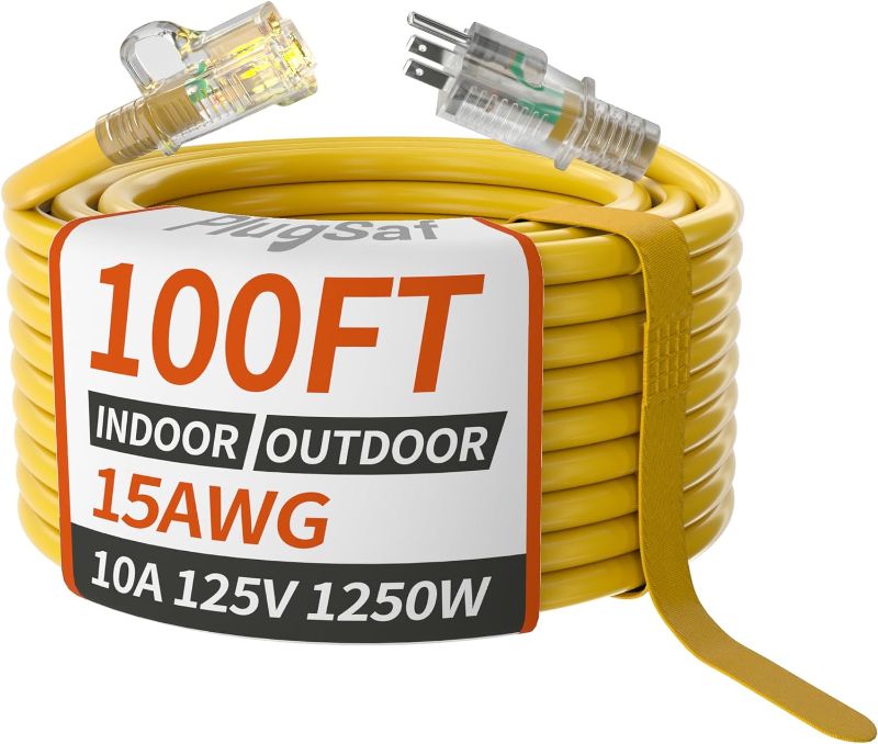 Photo 1 of 15/3 Gauge 10 Amp Outdoor Extension Cord 100 ft Waterproof with Lighted Indicator, Yellow Cold Weatherproof -40°C, Flexible 3 Prong Extension Cord Outside, 10A 1250W 15AWG SJTW, ETL Listed