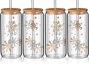 Photo 1 of  8PCS Drinking Glasses with Bamboo Lids and Straws, Glass Cups Set, 16oz Beer Can Shaped Glasses, Iced Coffee Cups, Cute Tumbler Cup, for Whiskey, Wine Cocktail Boba CHRISMAS ASSORTED 