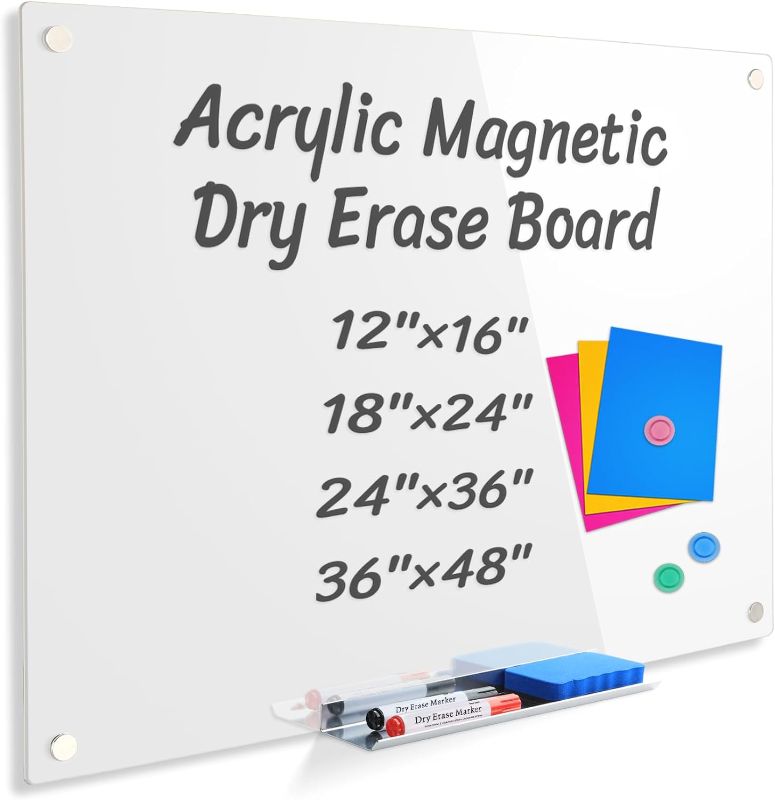 Photo 1 of Acrylic Dry Erase Board for Wall,Magnetic White Board 12”x16”,Frameless Magnetic Dry Erase Board for Office,Classroom and Home/for Kids,Students,Adults(White)
