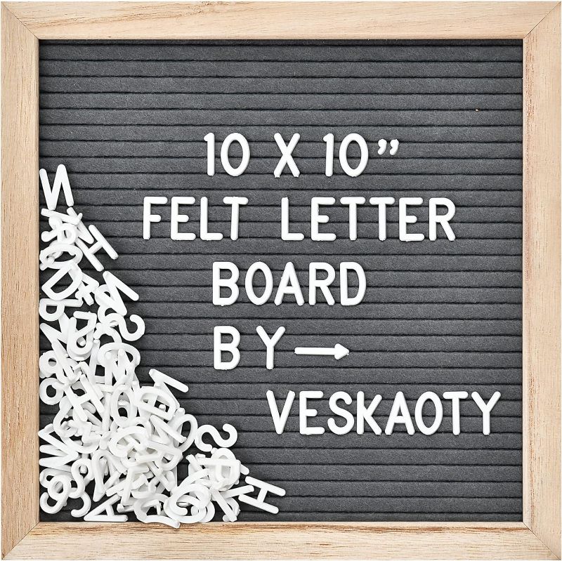 Photo 1 of Felt Letter Board with 294 Letters, Numbers & Symbols - 10 x 10 inch Changeable Message Board with Wooden Frame Wall Mount Hook, (Gray Board & Wood Frame)
